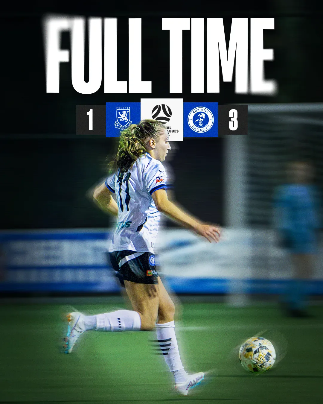 Box Hill United FULL TIME graphic for the senior women, round eleven, 2025: the score across the top and a player in blue on the ball.