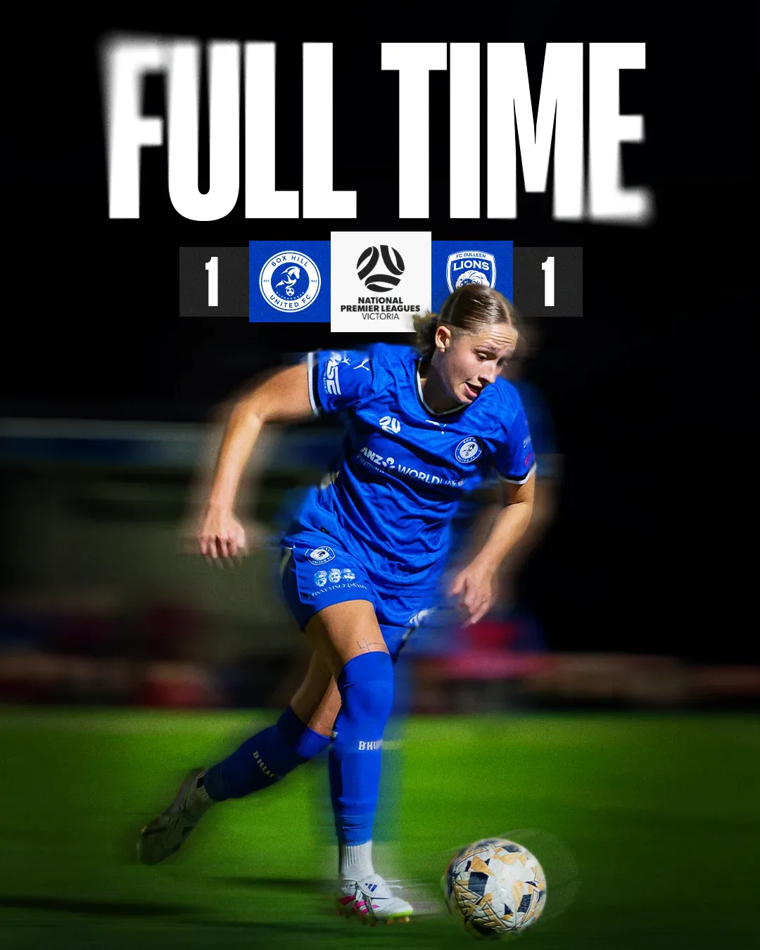Box Hill United FULL TIME graphic for the senior women, round twelve, 2025: the score across the top and a player in blue on the ball.