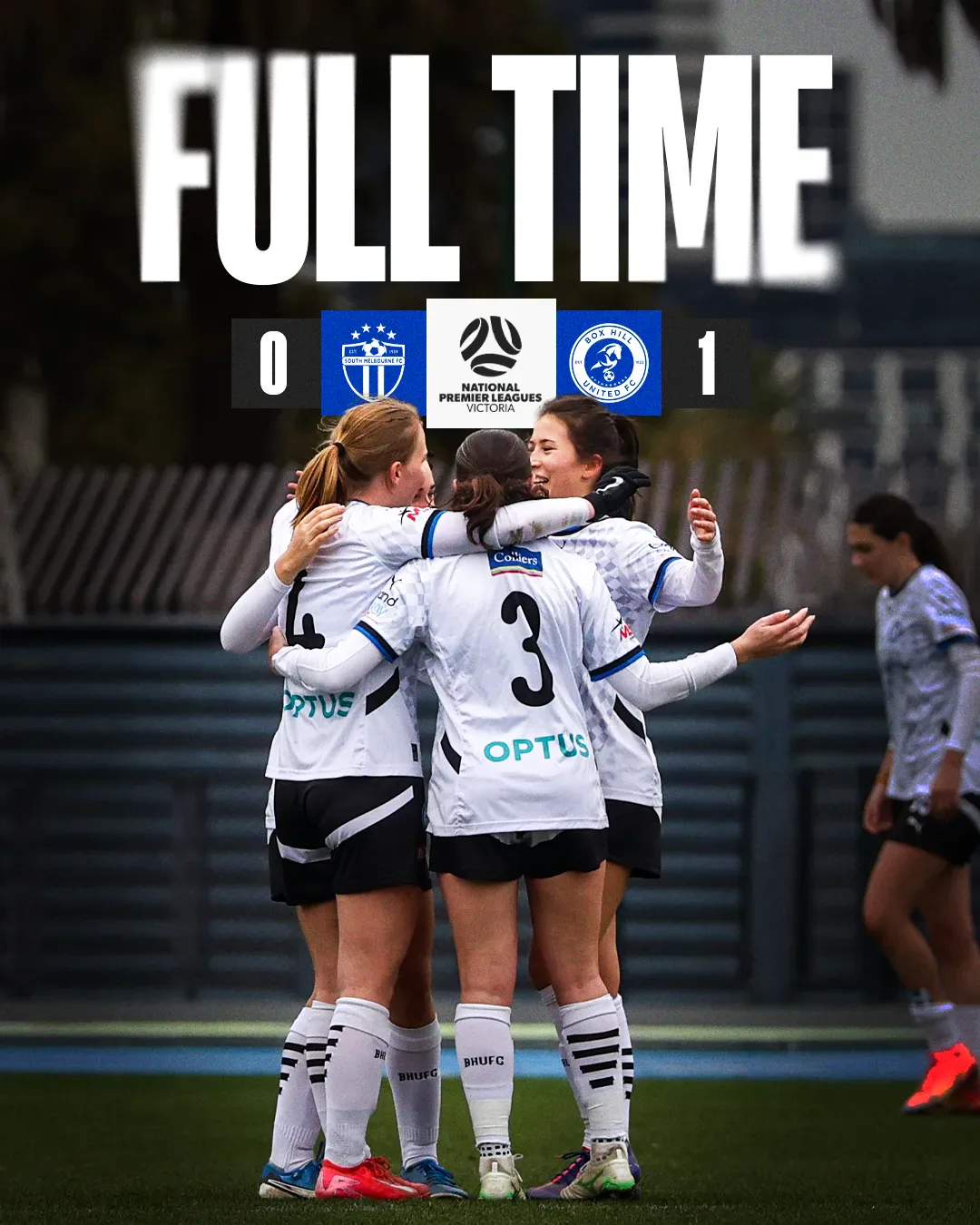 Box Hill United FULL TIME graphic for the senior women, round sixteen, 2025: the score across the top and a player in blue on the ball.
