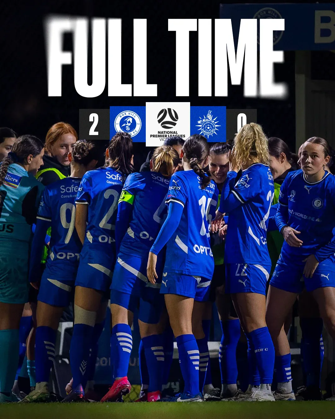 Box Hill United FULL TIME graphic for the senior women, round seventeen, 2025: the score across the top and a player in blue on the ball.