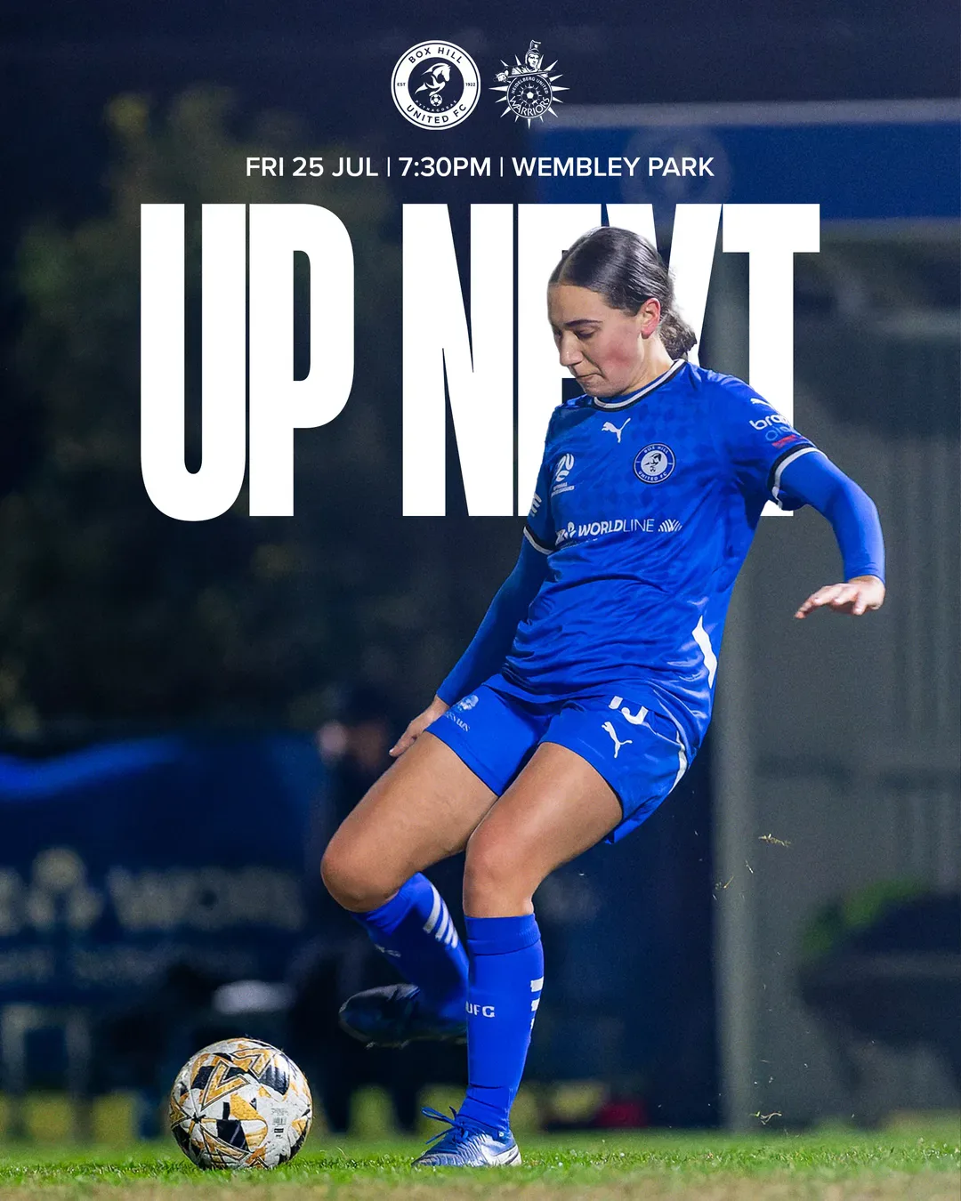 Box Hill United UP NEXT graphic for the senior women, round seventeen, 2025: a player in training bib on the ball under huge type.
