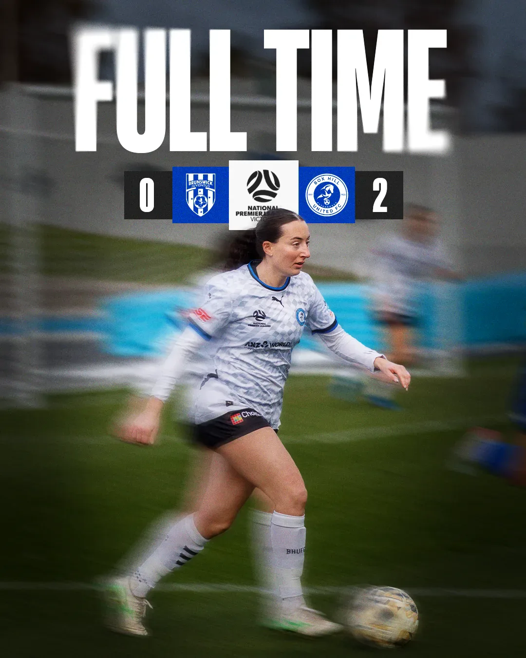 Box Hill United FULL TIME graphic for the senior women, round eighteen, 2025: the score across the top and a player in blue on the ball.