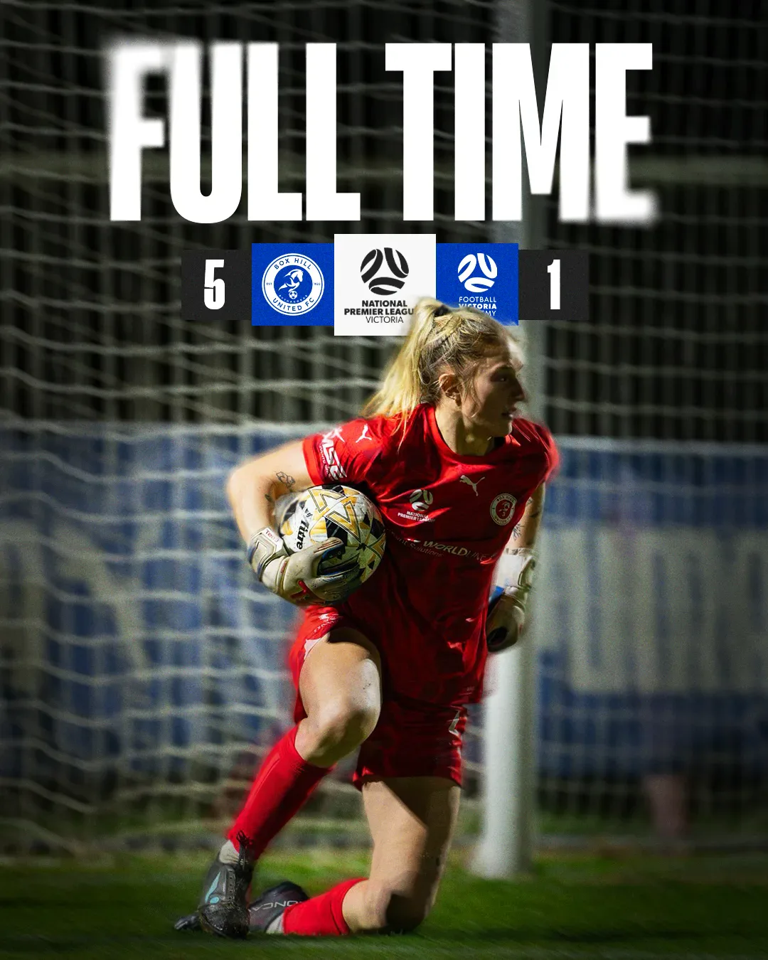 Box Hill United FULL TIME graphic for the senior women, round nineteen, 2025: the score across the top and a player in blue on the ball.