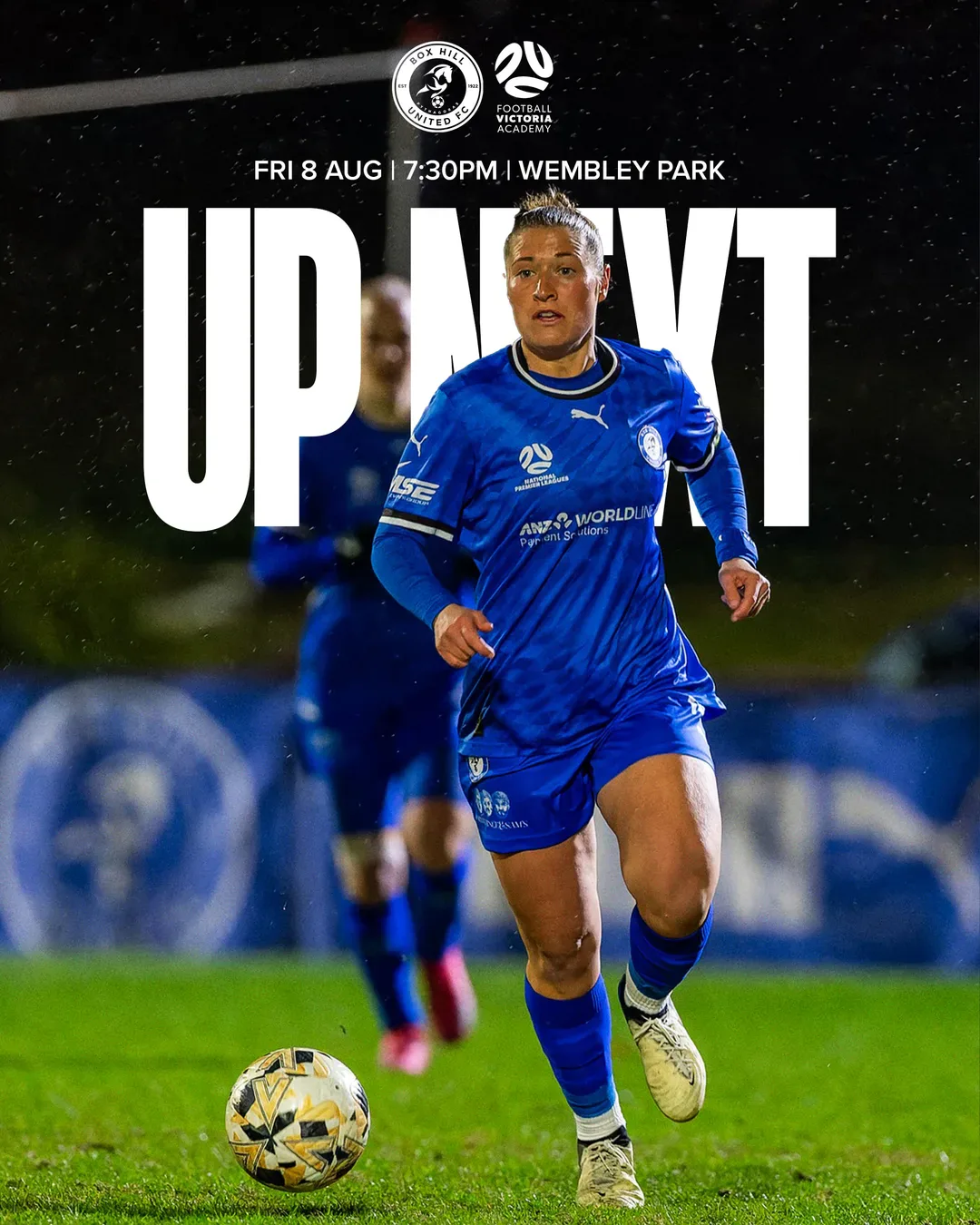 Box Hill United UP NEXT graphic for the senior women, round nineteen, 2025: a player in training bib on the ball under huge type.
