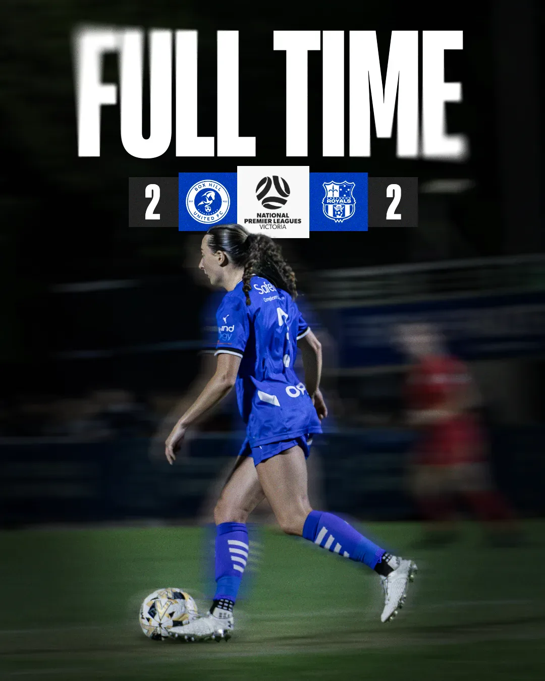 Box Hill United FULL TIME graphic for the senior women, round two, 2025: the score across the top and a player in blue on the ball.