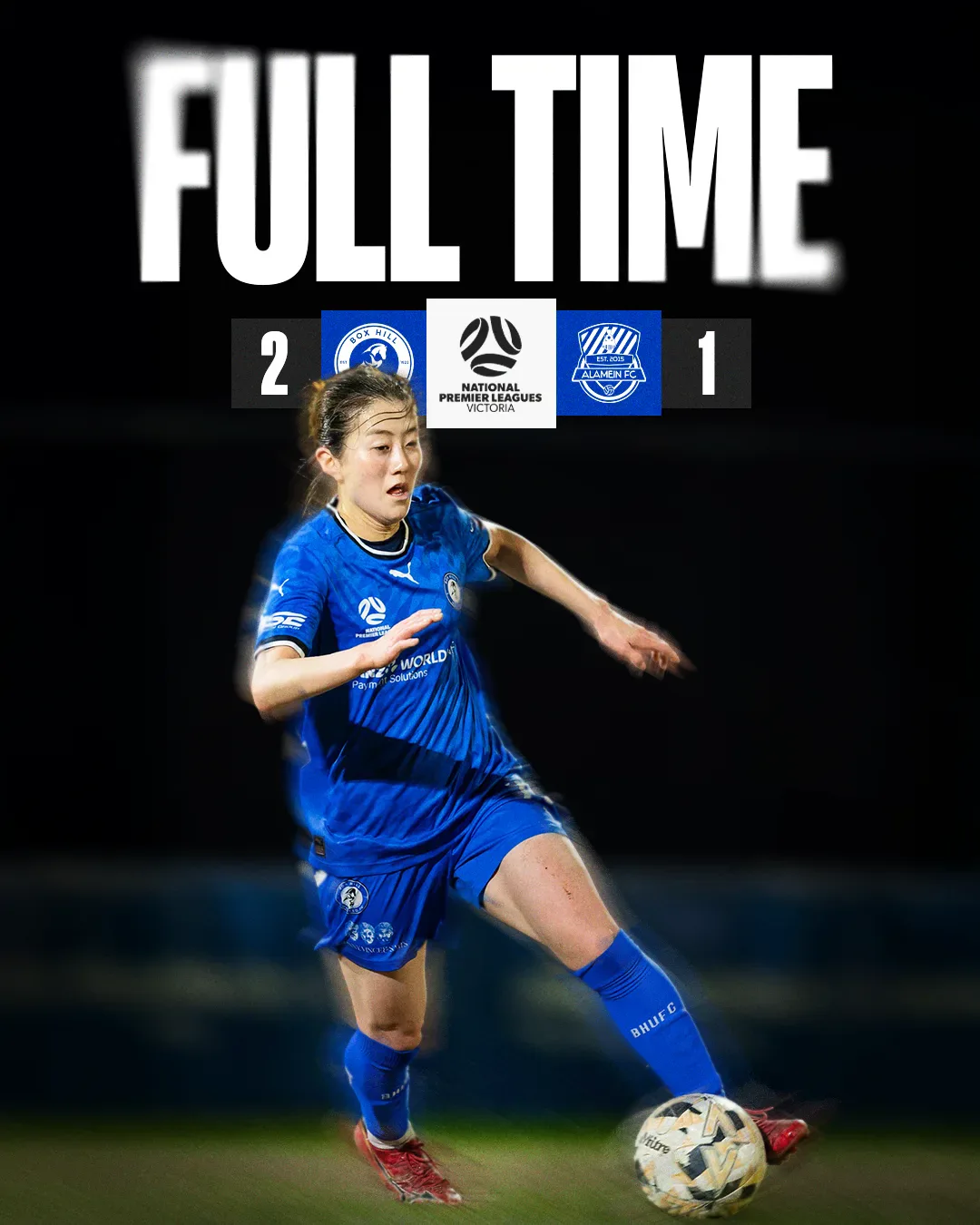 Box Hill United FULL TIME graphic for the senior women, round twenty, 2025: the score across the top and a player in blue on the ball.