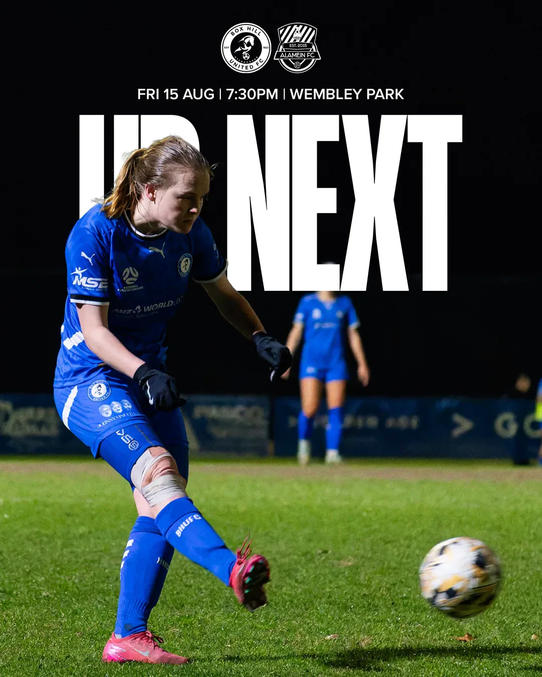 Box Hill United UP NEXT graphic for the senior women, round twenty, 2025: a player in training bib on the ball under huge type.