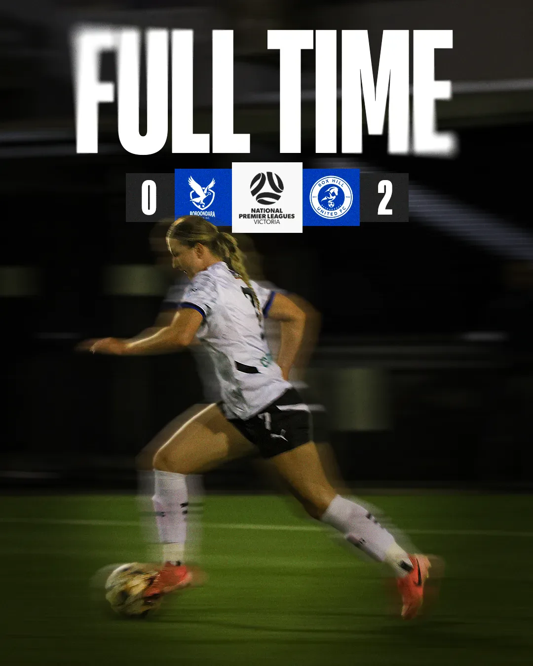 Box Hill United FULL TIME graphic for the senior women, round three, 2025: the score across the top and a player in blue on the ball.