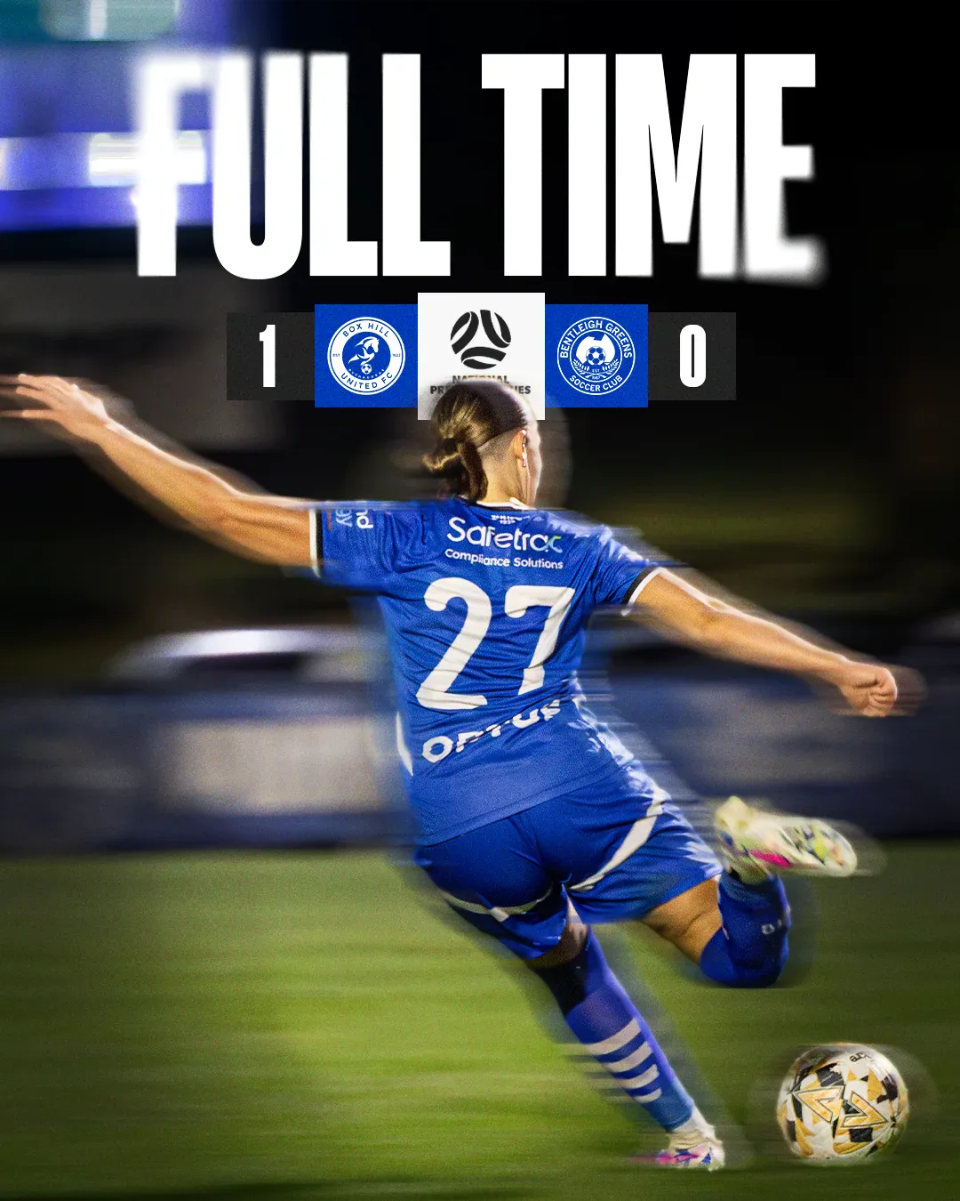 Box Hill United FULL TIME graphic for the senior women, round four, 2025: the score across the top and a player in blue on the ball.