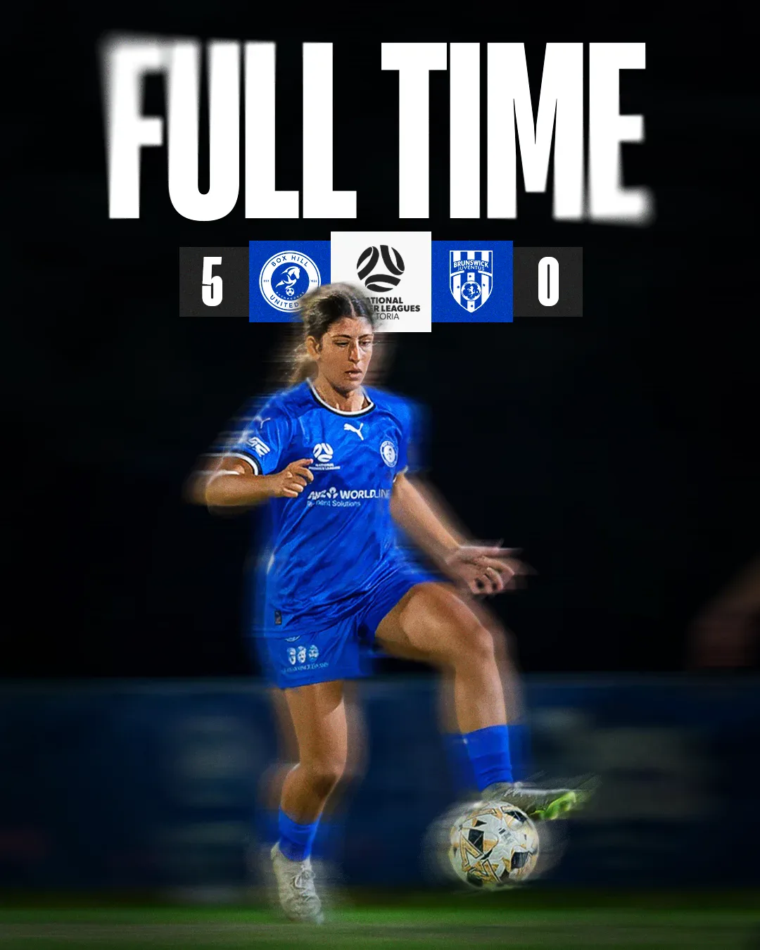 Box Hill United FULL TIME graphic for the senior women, round eight, 2025: the score across the top and a player in blue on the ball.