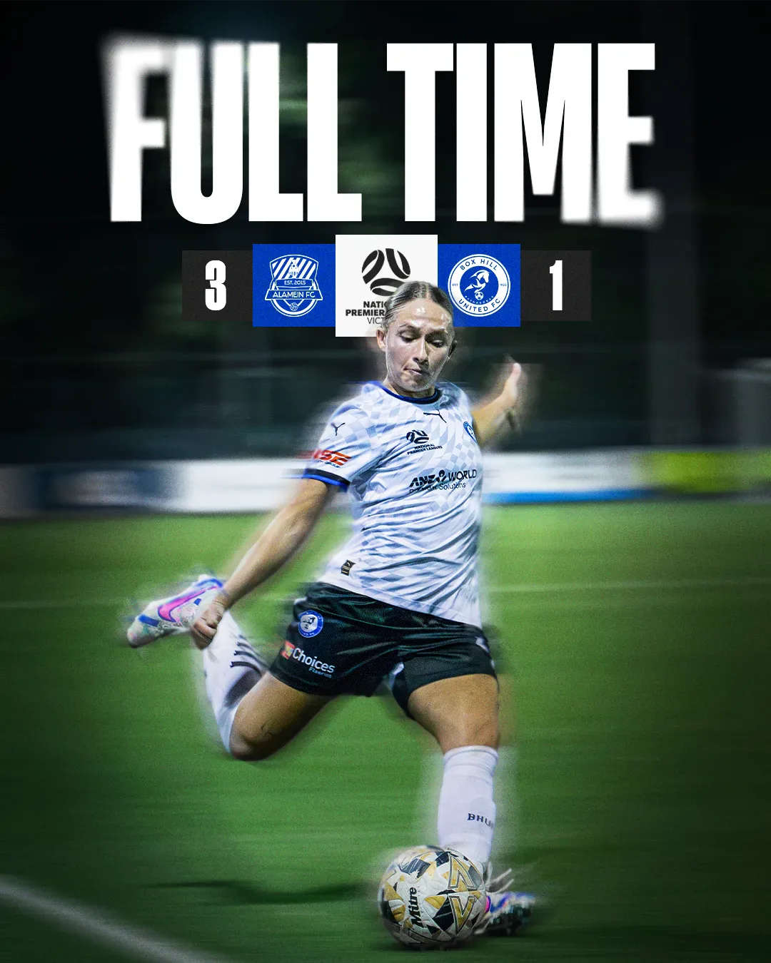 Box Hill United FULL TIME graphic for the senior women, round nine, 2025: the score across the top and a player in blue on the ball.