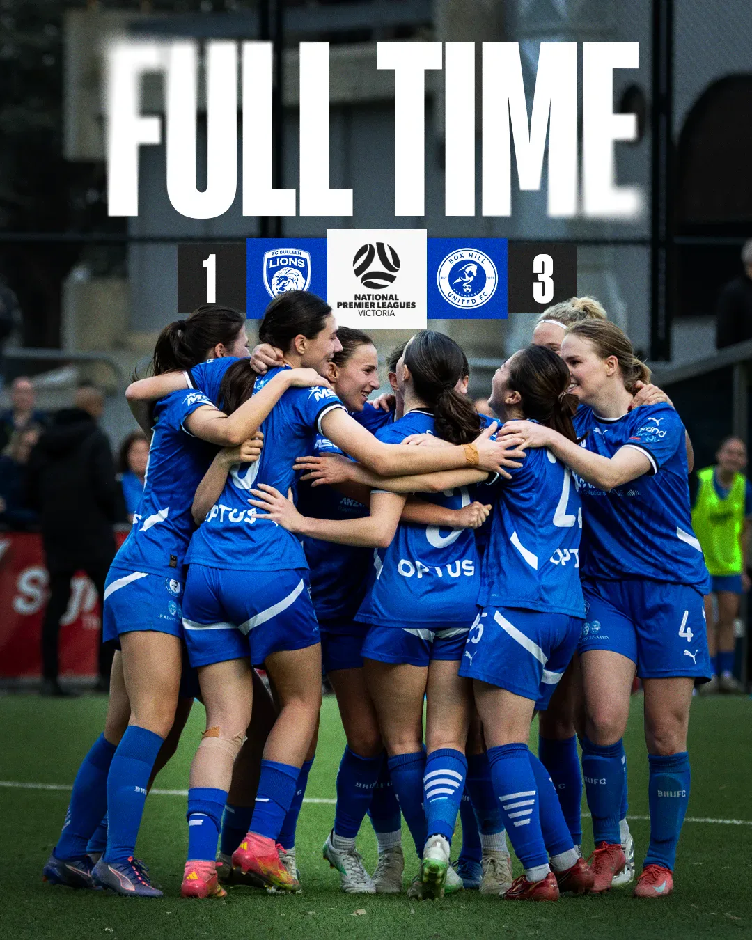 Box Hill United FULL TIME graphic for the senior women, , 2025: the score across the top and a player in blue on the ball.