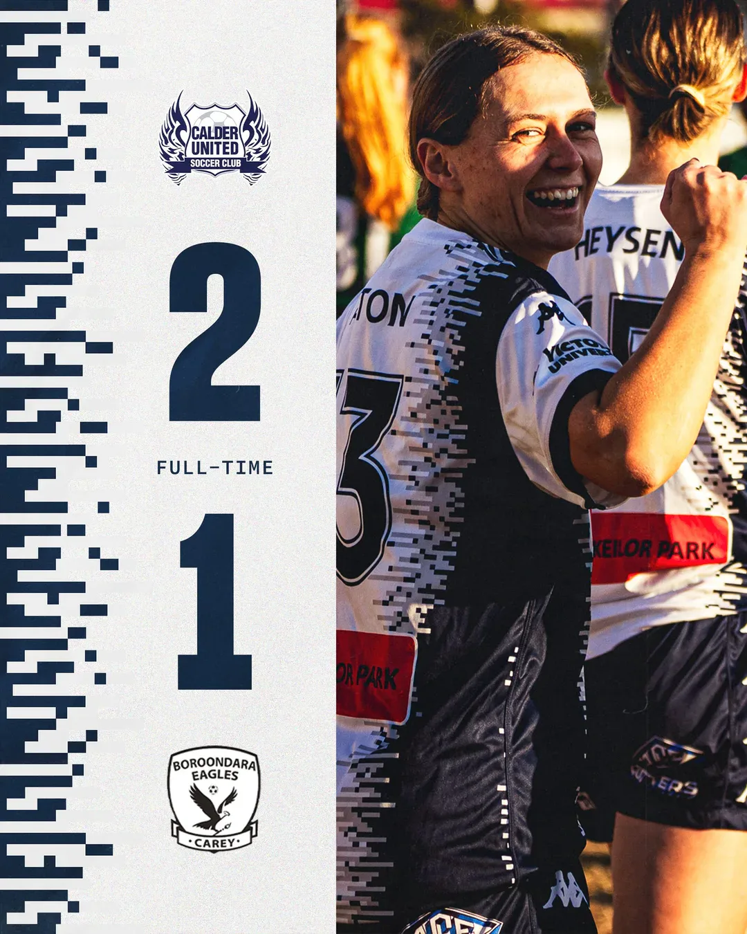Calder United full-time graphic in navy and white, a pixel pattern down each side.
