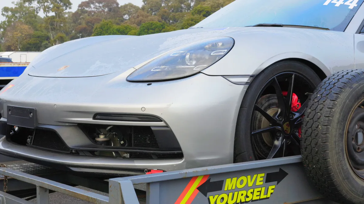 Porsche Club Victoria track day film: a silver Boxster GTS unloaded from its trailer and out on track