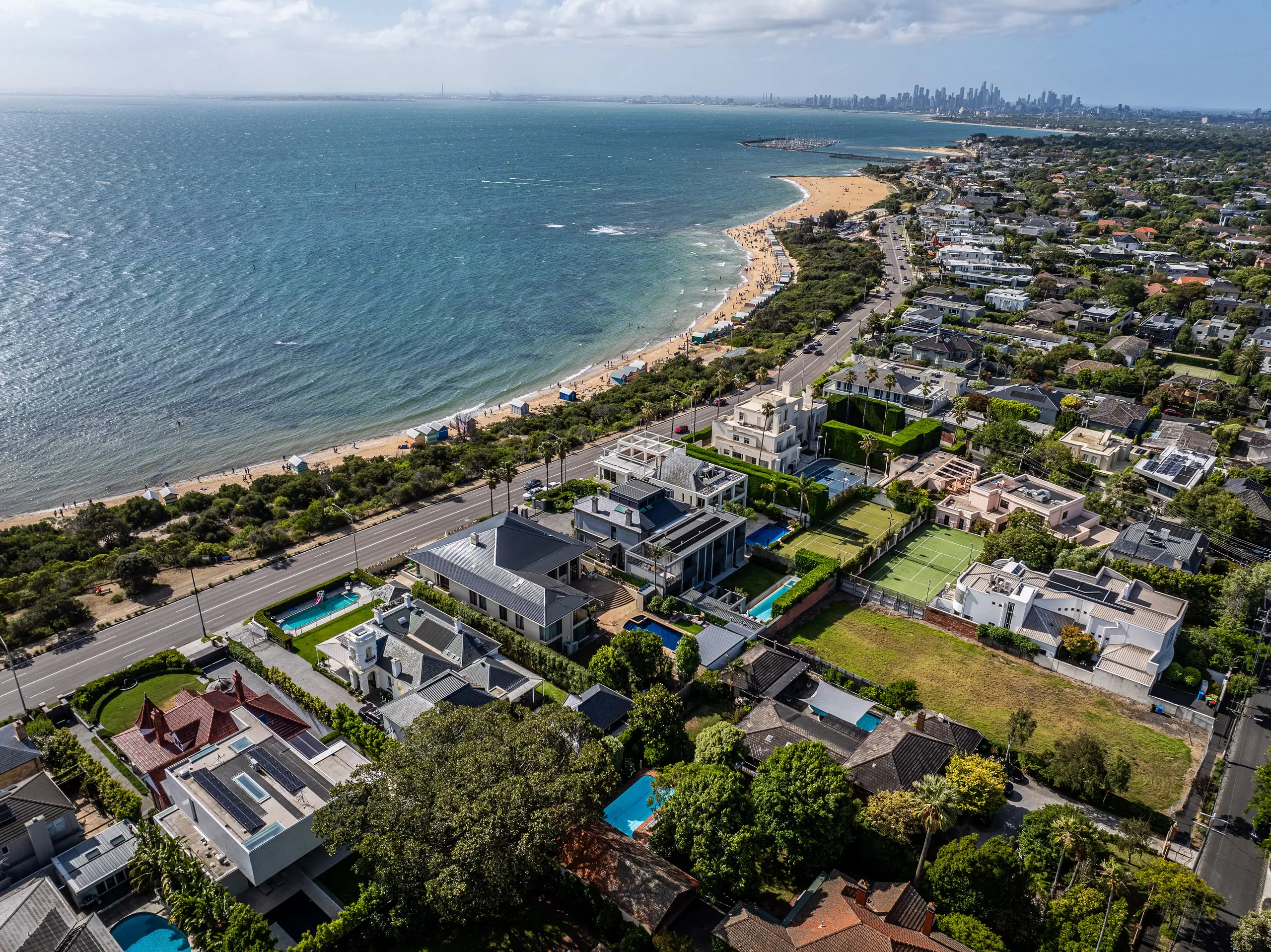 Aerial of Melbourne's bayside coastline and homes, shot by Urban Media