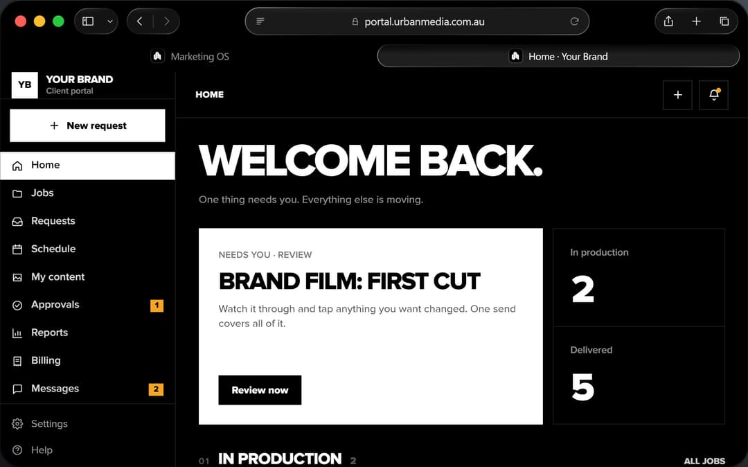 The Urban Media client portal's Home screen: a brand film first cut waiting for review, jobs in production and delivered, with sample data