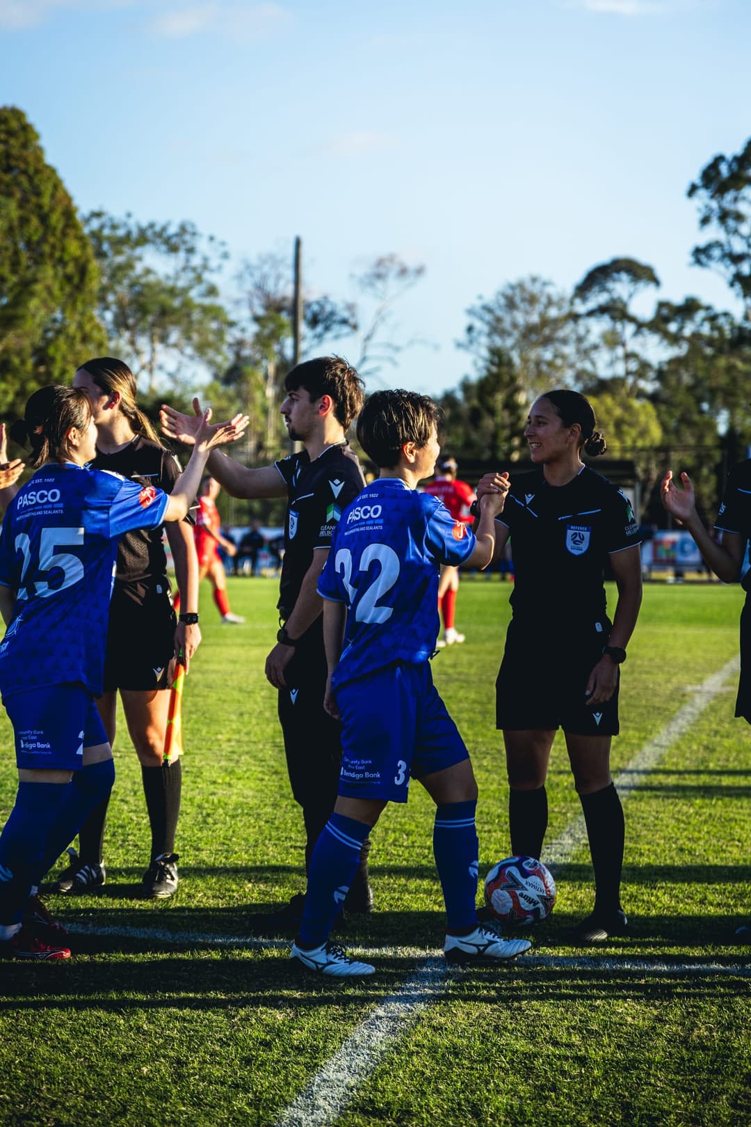 Box Hill United players shaking hands with the match officials before kick-off
