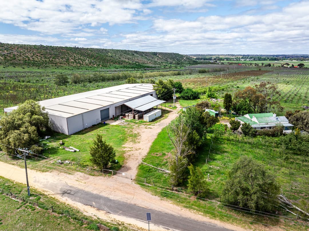 Wide drone view of an orchard property, packing shed and cottage below the ridge. Frame 1 of 6. Open it
