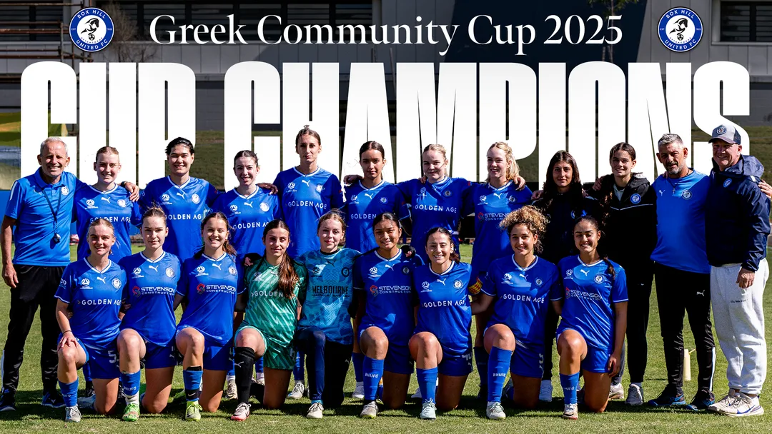 Box Hill United Greek Community Cup 2025 champions graphic: the squad together under the words Cup Champions.