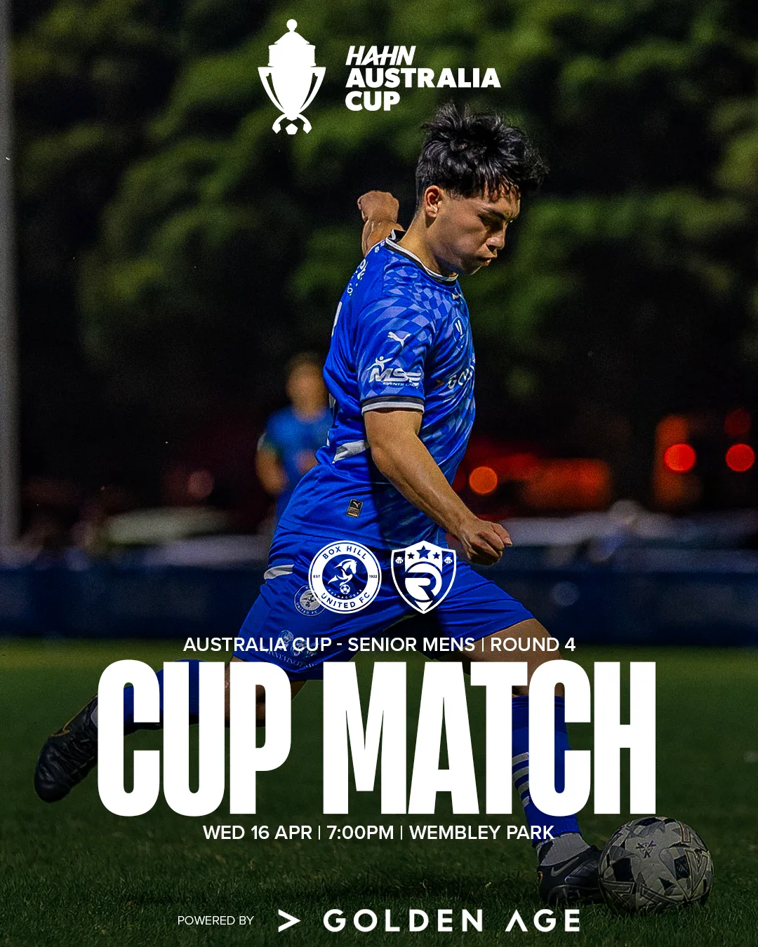 Box Hill United CUP MATCH graphic for the men's seniors, round two, 2025: a player in blue over the word Cup Match.