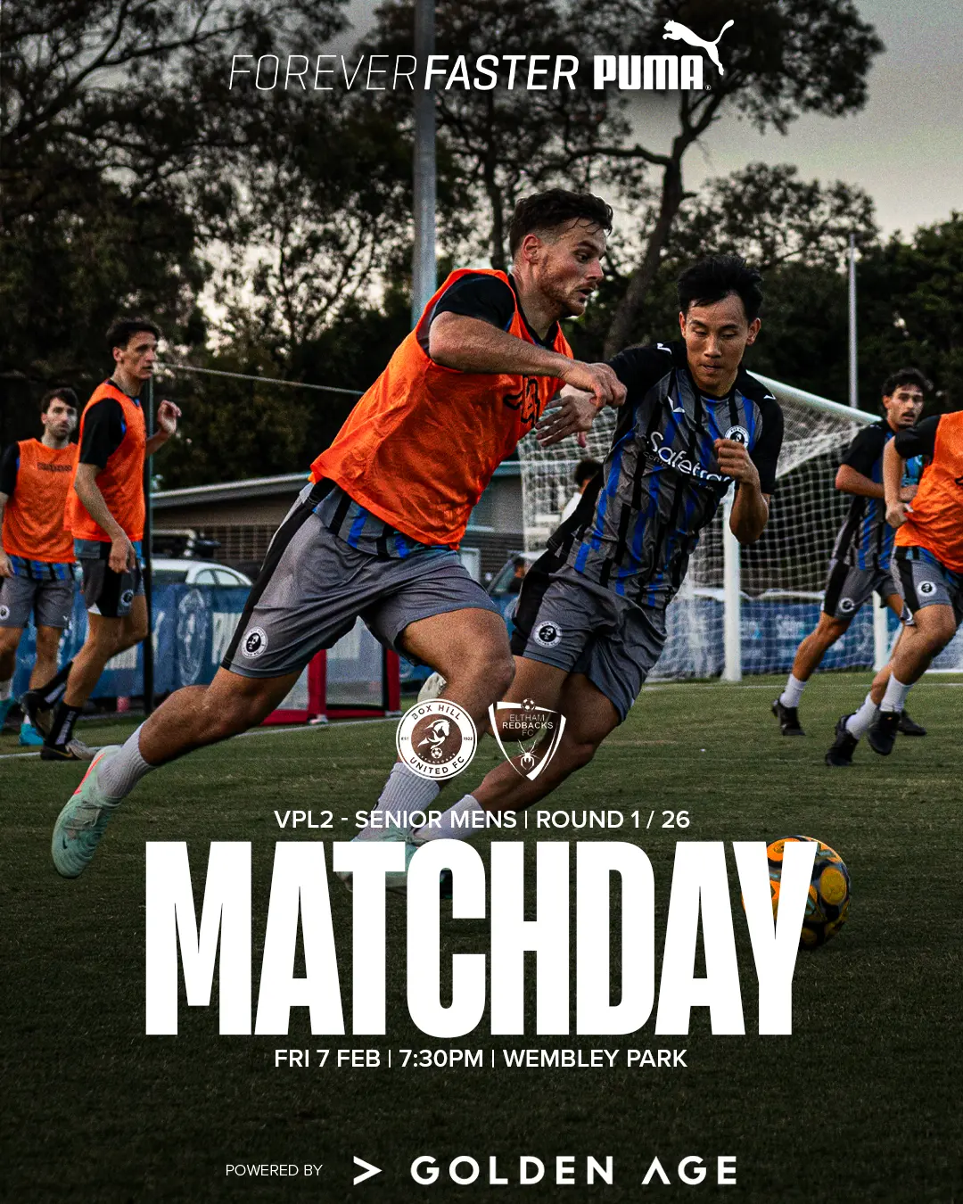 Box Hill United MATCHDAY graphic for the men's seniors, round one, 2025: a player in blue over the word Matchday.