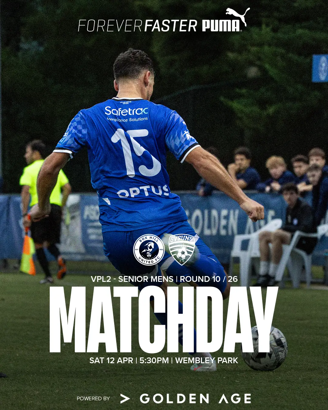 Box Hill United MATCHDAY graphic for the men's seniors, round ten, 2025: a player in blue over the word Matchday.