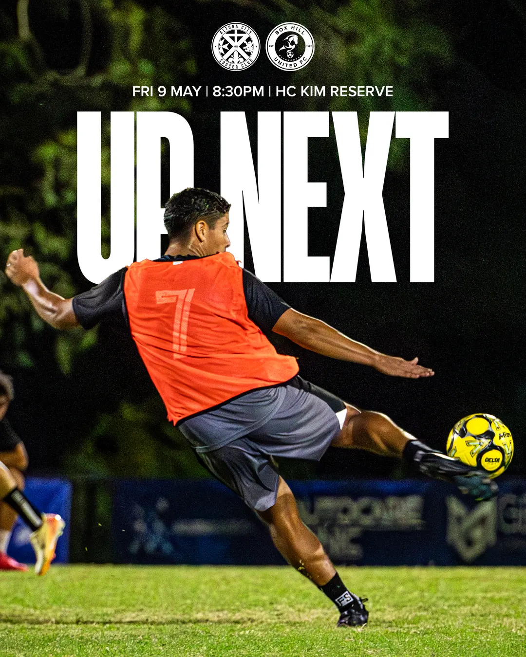 Box Hill United UP NEXT graphic for the men's seniors, round thirteen, 2025: a player in training bib on the ball under huge type.