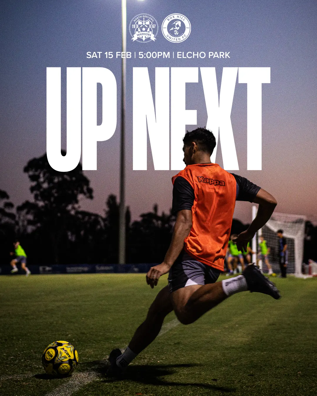 Box Hill United UP NEXT graphic for the men's seniors, round two, 2025: a player in training bib on the ball under huge type.