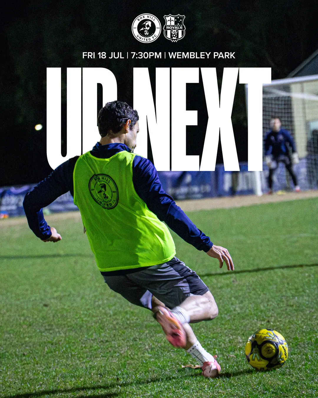 Box Hill United UP NEXT graphic for the men's seniors, round twenty two, 2025: a player in training bib on the ball under huge type.
