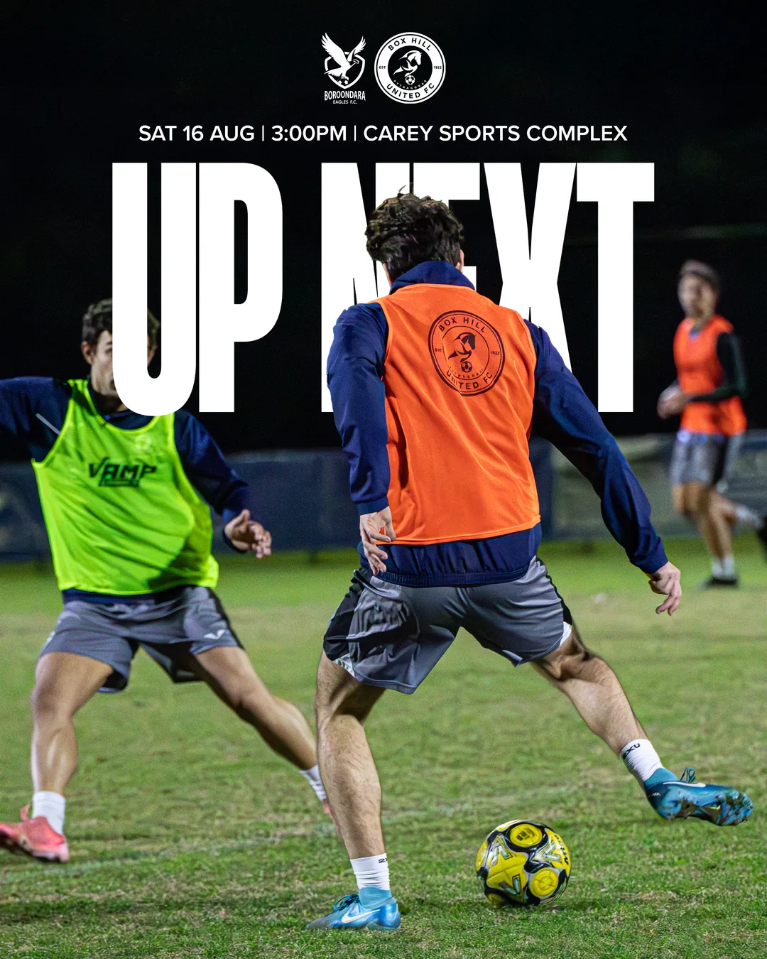 Box Hill United UP NEXT graphic for the men's seniors, round twenty five, 2025: a player in training bib on the ball under huge type.