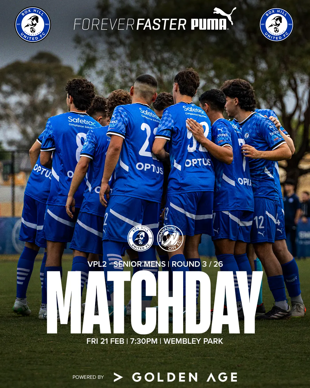 Box Hill United MATCHDAY graphic for the men's seniors, round three, 2025: a player in blue over the word Matchday.