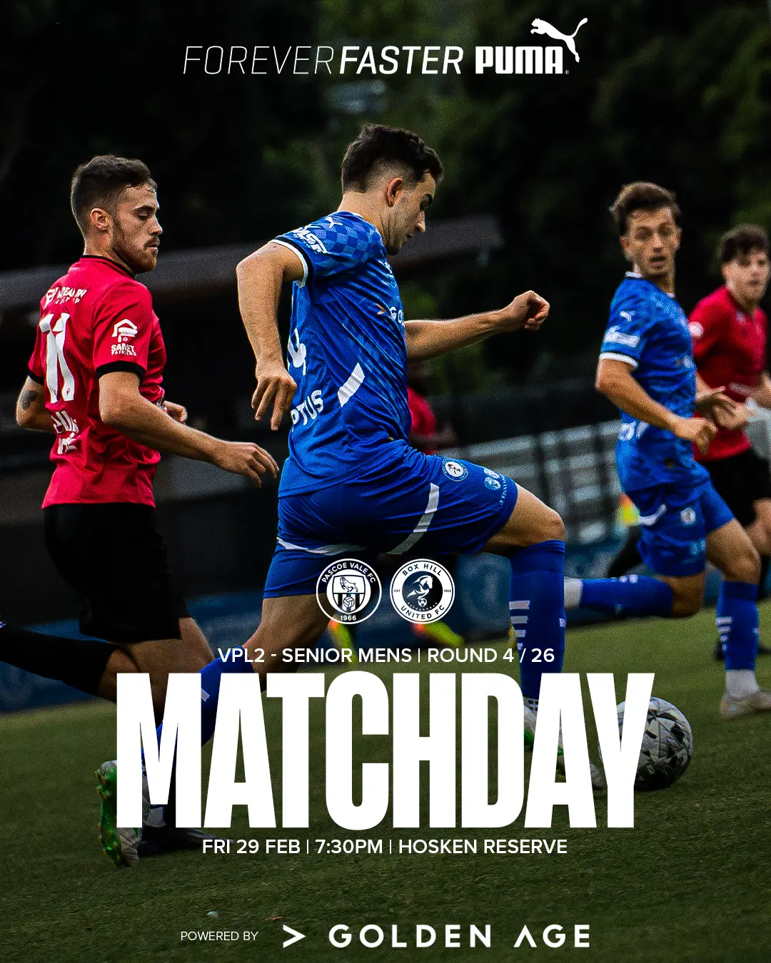 Box Hill United MATCHDAY graphic for the men's seniors, round four, 2025: a player in blue over the word Matchday.