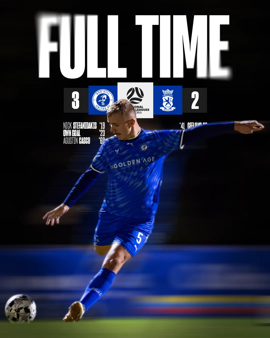 Box Hill United FULL TIME graphic for the men's seniors, round seven, 2025: the score across the top and a player in blue on the ball.