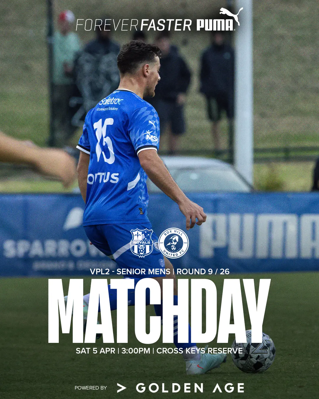 Box Hill United MATCHDAY graphic for the men's seniors, round nine, 2025: a player in blue over the word Matchday.