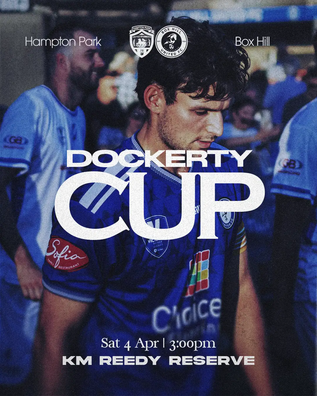 Box Hill United NEXT UP graphic for the men's seniors, cup round 1: a player in blue over a dark match photo, the word UP set huge across it, date and venue along the bottom.
