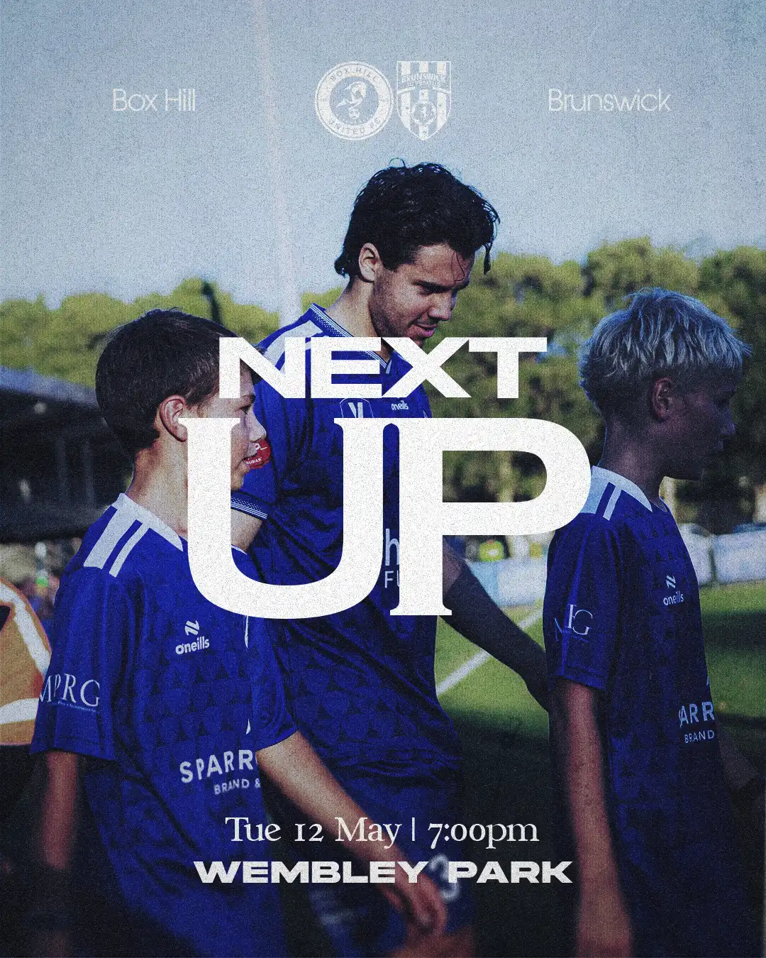 Box Hill United NEXT UP graphic for the men's seniors, cup round 2: a player in blue over a dark match photo, the word UP set huge across it, date and venue along the bottom.