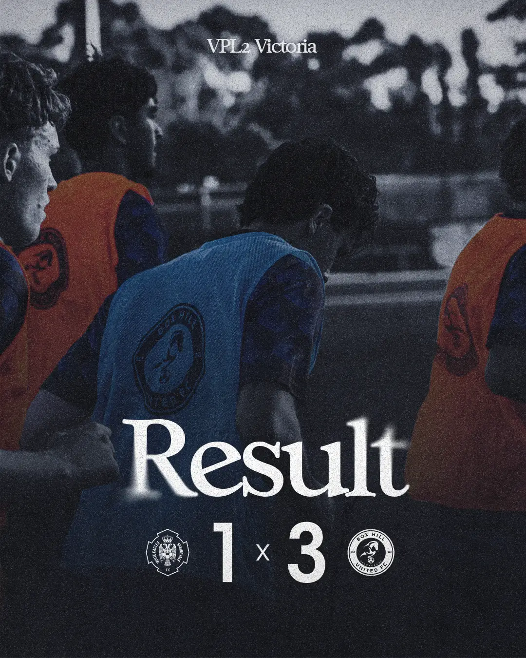 Box Hill United 90 minute result graphic for the men's seniors, round one: a match photo behind a huge 90 with the score under it.
