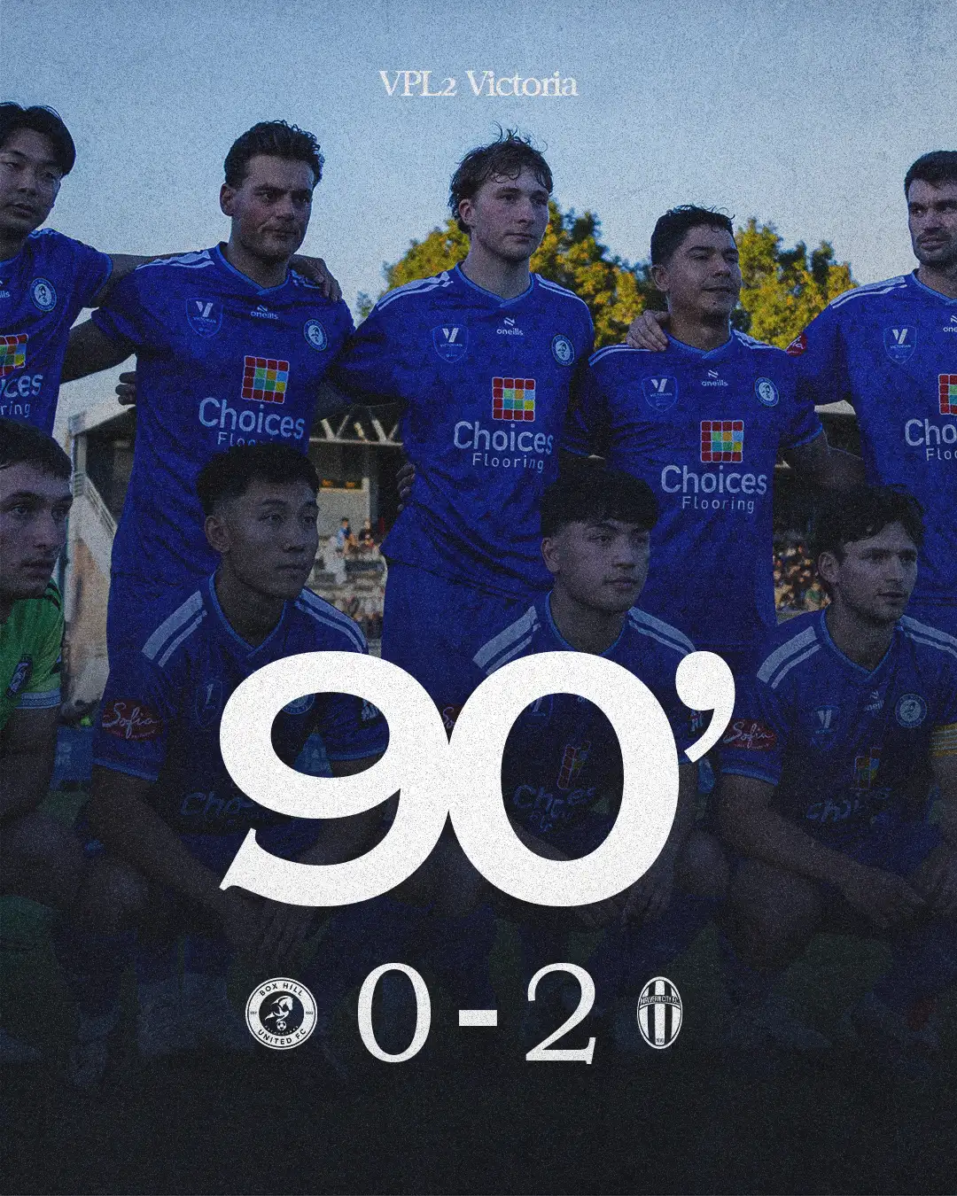 Box Hill United 90 minute result graphic for the men's seniors, round two: a match photo behind a huge 90 with the score under it.