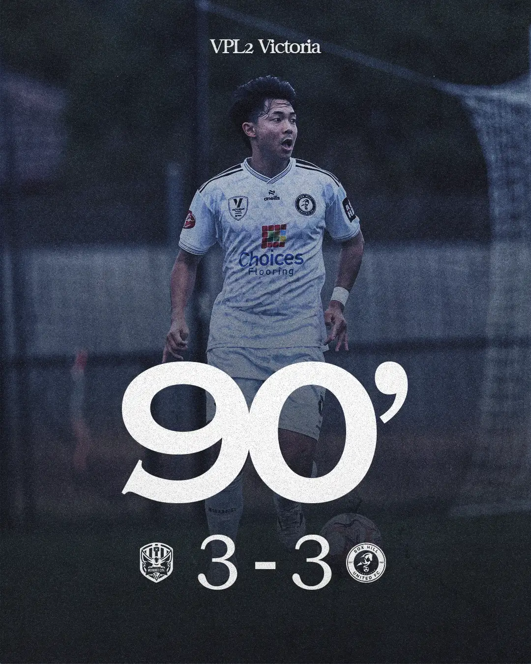 Box Hill United 90 minute result graphic for the men's seniors, round three: a match photo behind a huge 90 with the score under it.