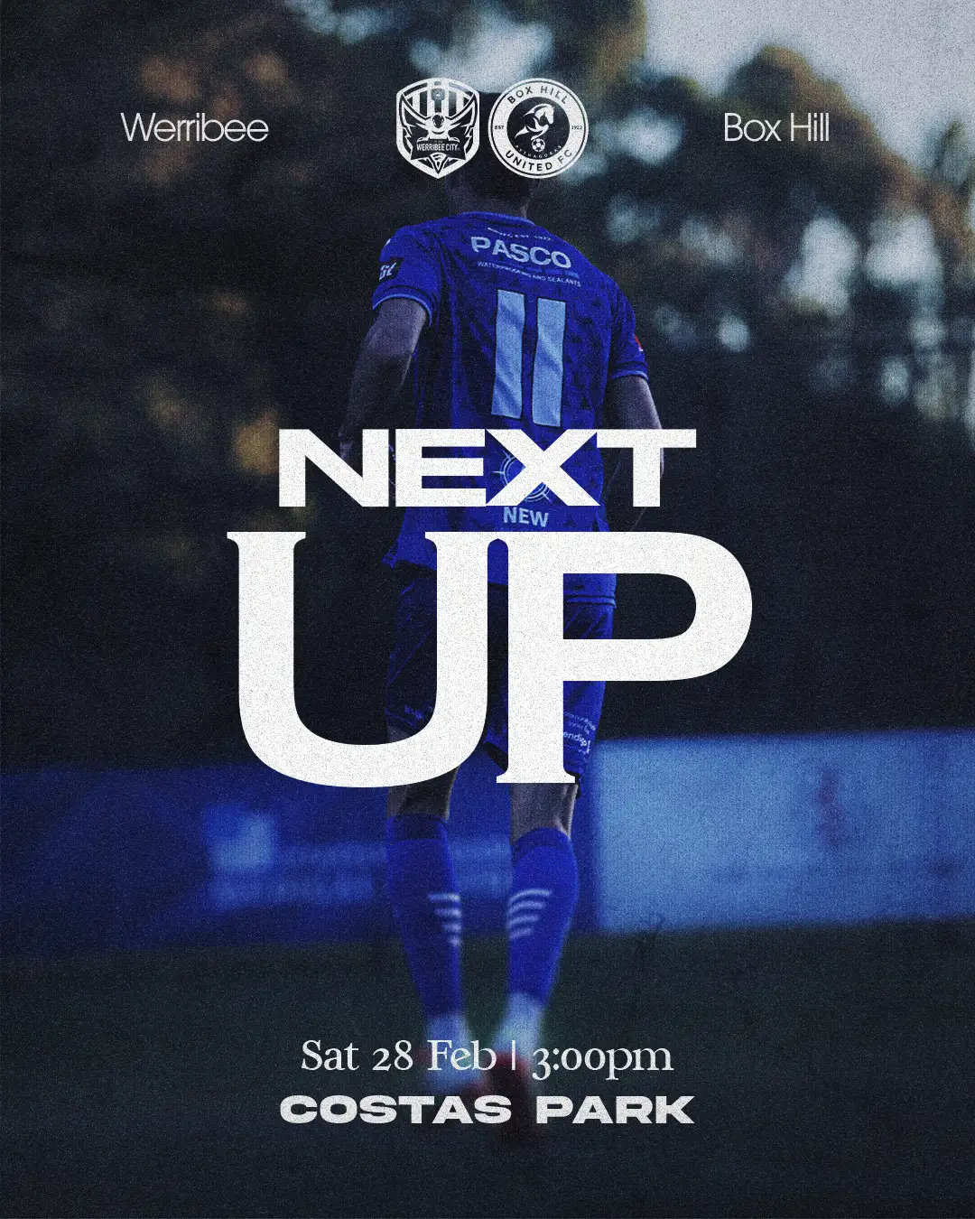 Box Hill United NEXT UP graphic for the men's seniors, round three: a player in blue over a dark match photo, the word UP set huge across it, date and venue along the bottom.