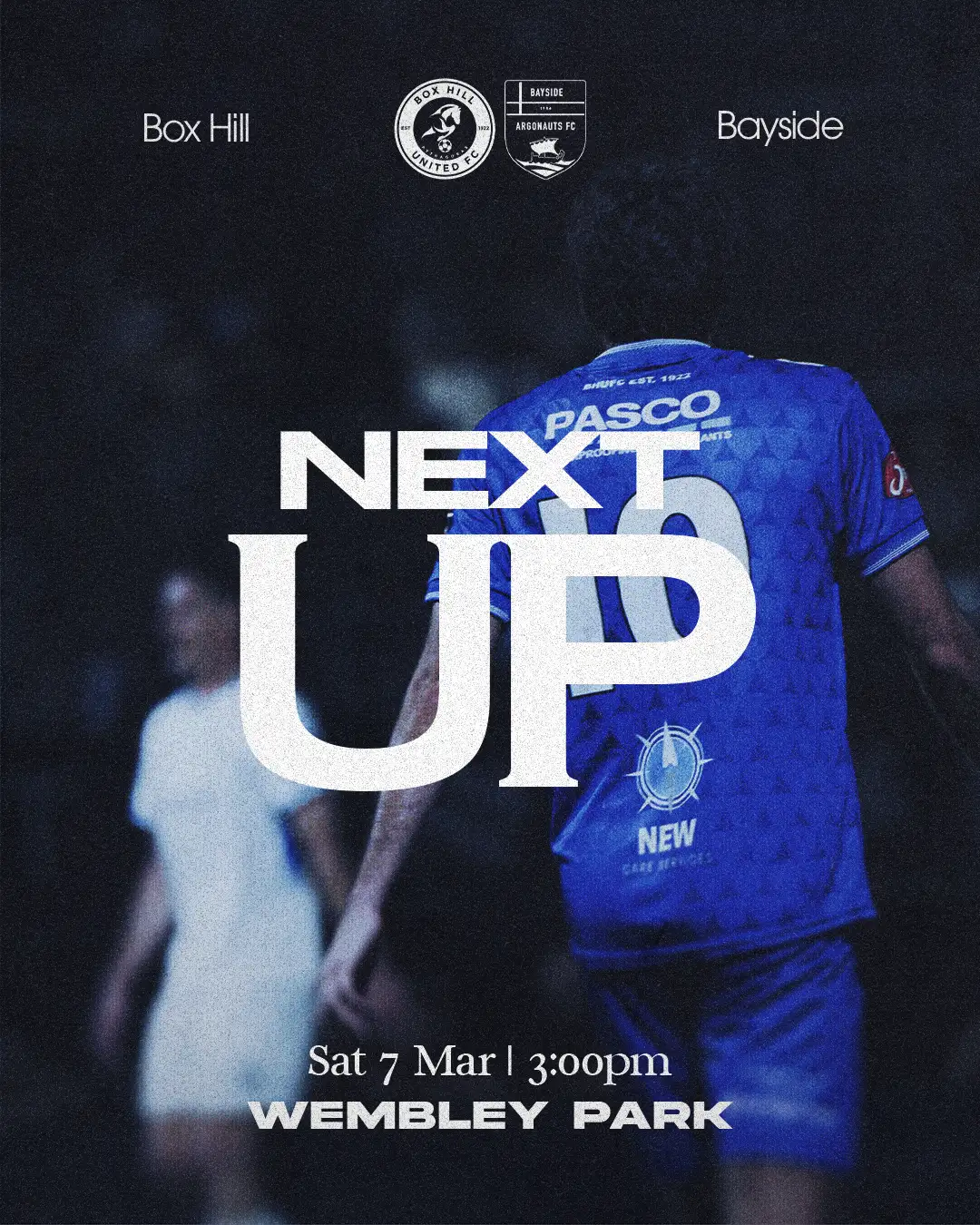 Box Hill United NEXT UP graphic for the men's seniors, round four: a player in blue over a dark match photo, the word UP set huge across it, date and venue along the bottom.