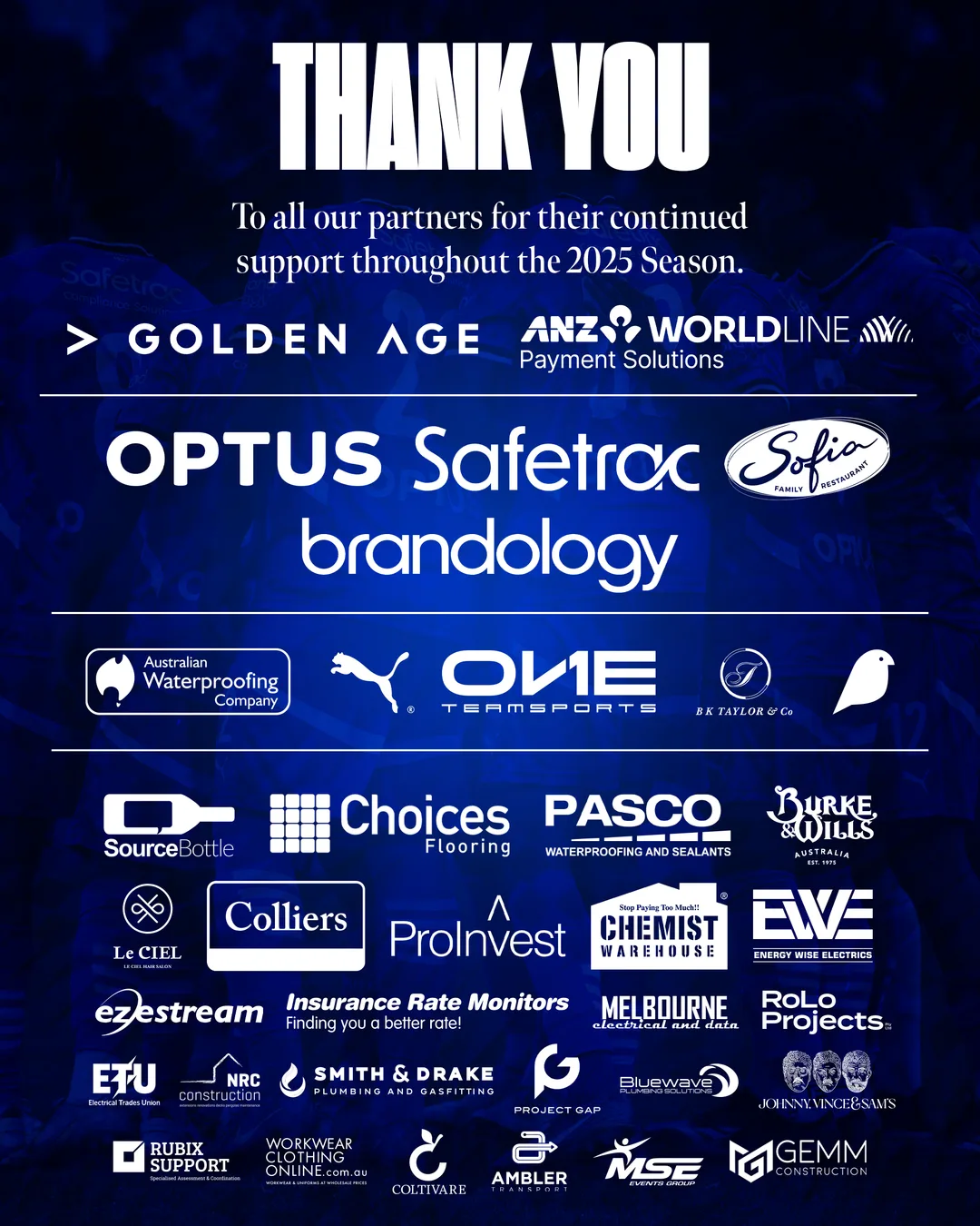 Box Hill United thank you graphic to the 2025 season's partners: a board of sponsor logos on a deep blue ground.