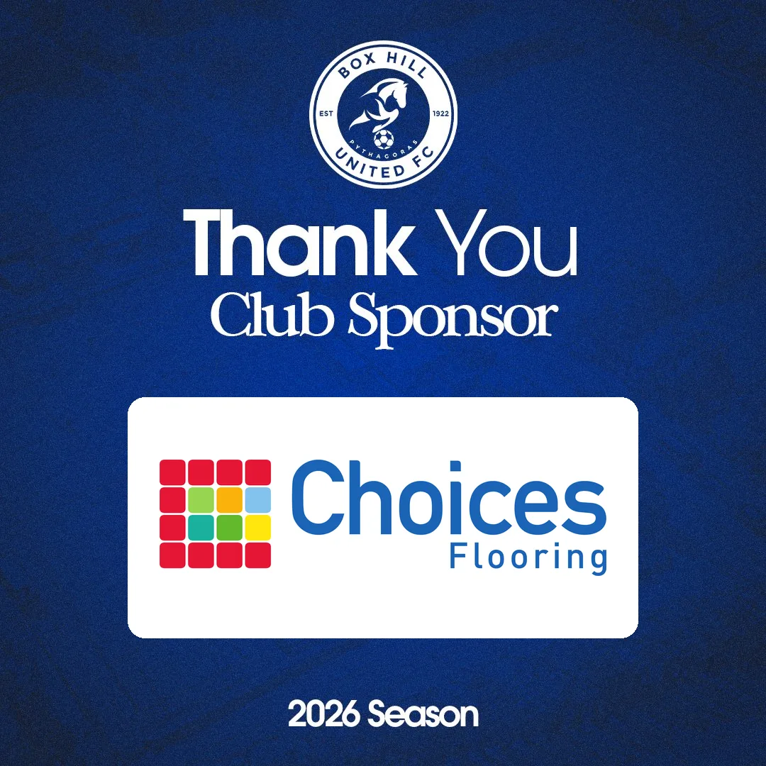 Box Hill United 2026 sponsor thank-you graphic for Choices Flooring, a Gold partner.