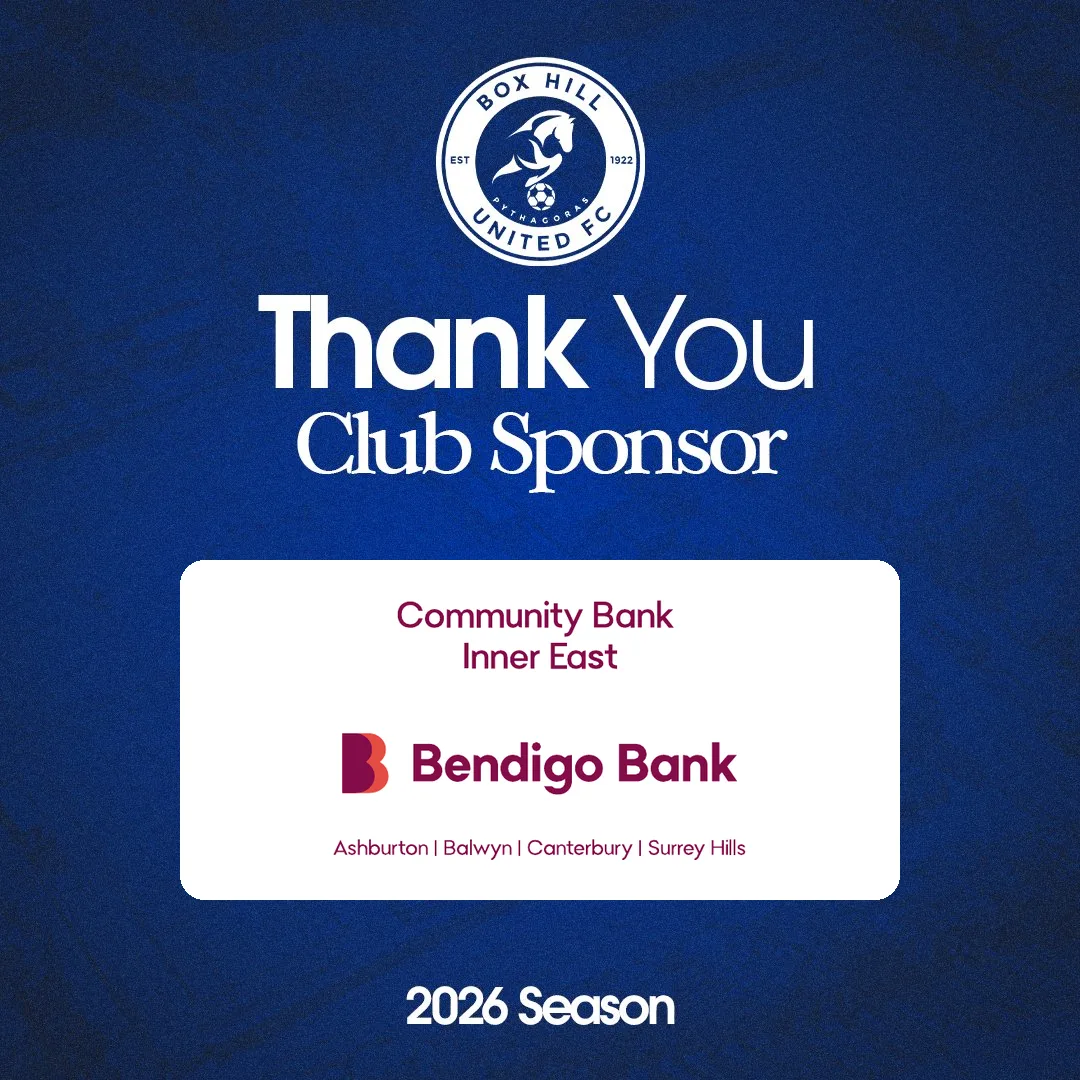 Box Hill United 2026 sponsor thank-you graphic for Community Bank Inner East, Bendigo Bank, a Gold partner.