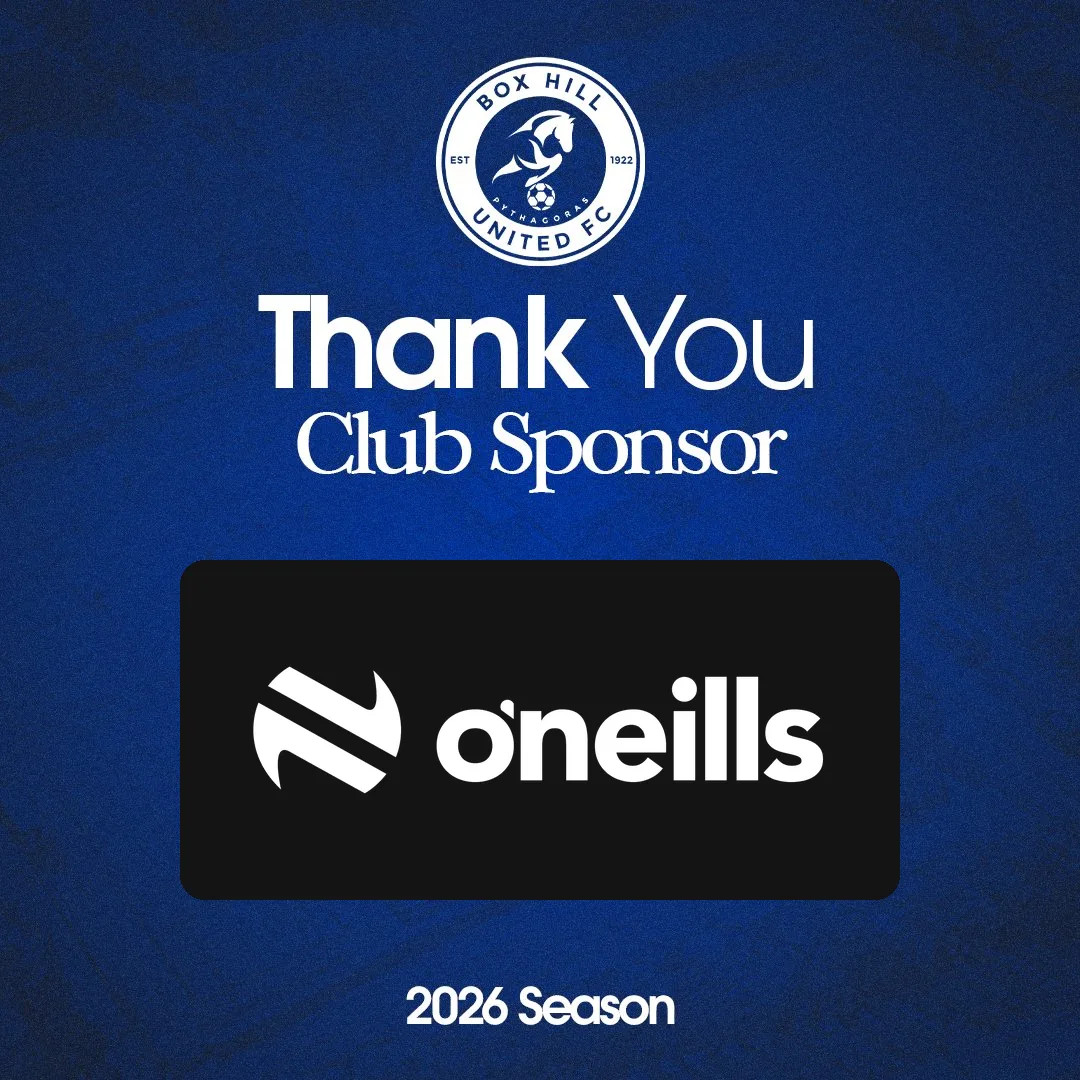 Box Hill United 2026 sponsor thank-you graphic for O'Neill's Irish International Sports Australia, a Gold partner.