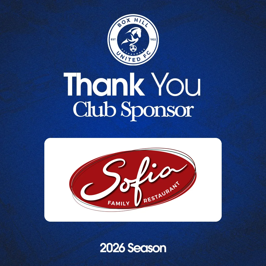 Box Hill United 2026 sponsor thank-you graphic for Sofia Family Restaurant, a Gold partner.