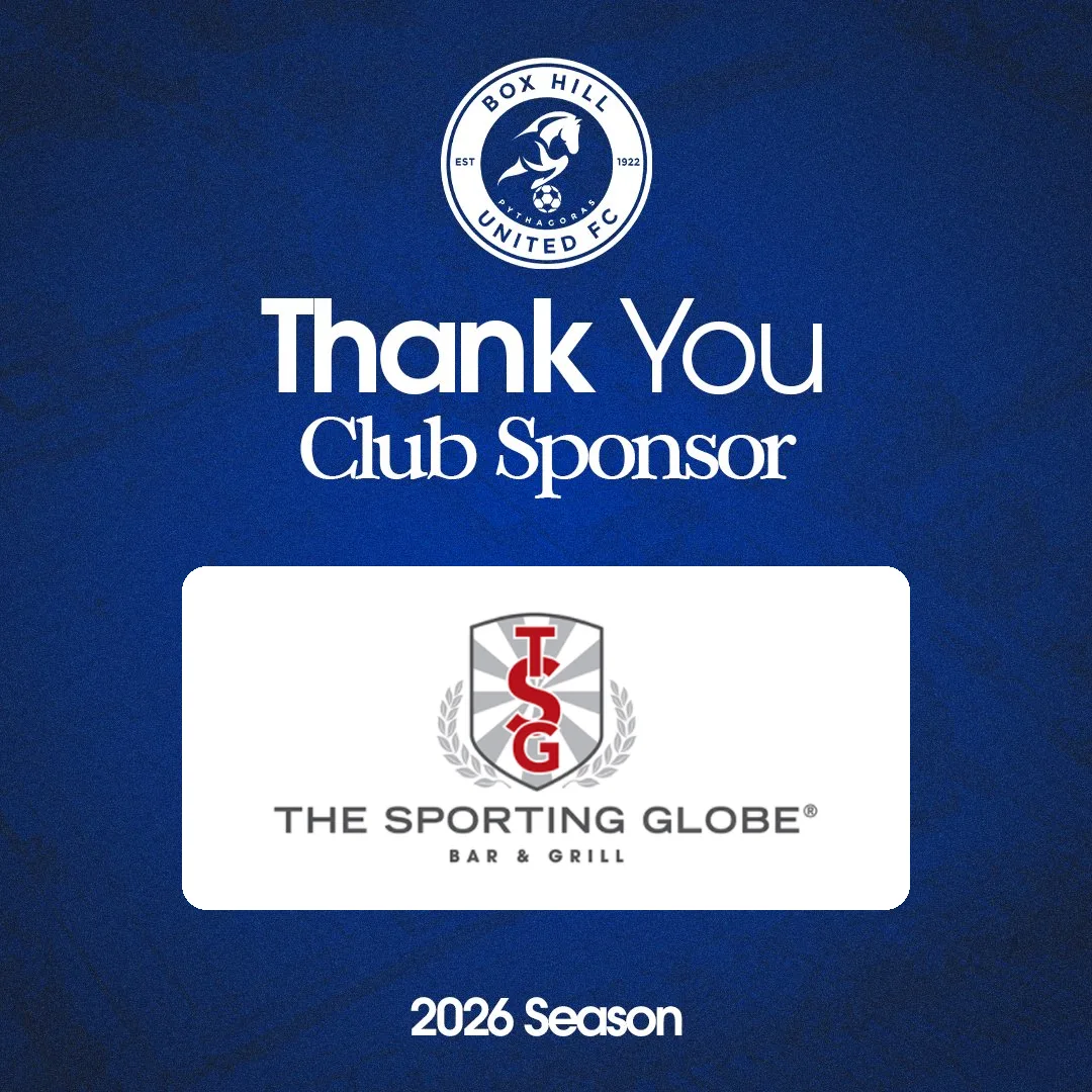 Box Hill United 2026 sponsor thank-you graphic for The Sporting Globe, a Gold partner.