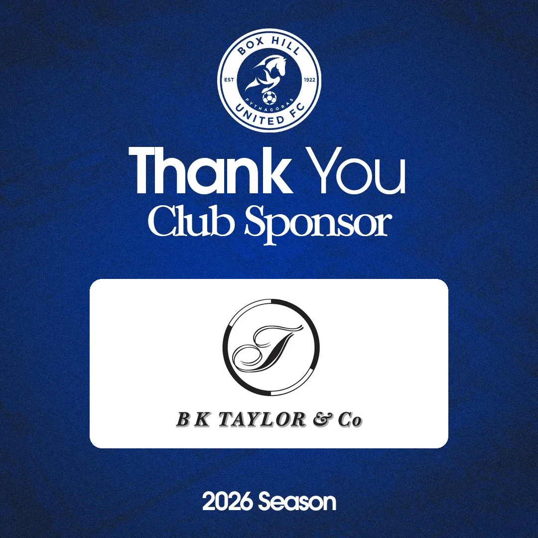 Box Hill United 2026 sponsor thank-you graphic for B K Taylor and Company, a Silver partner.