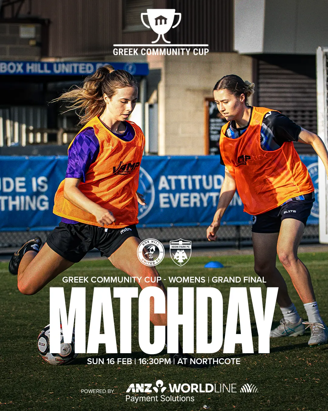 Box Hill United CUP MATCH graphic for the senior women, the cup, 2025: a player in blue over the word Cup Match.