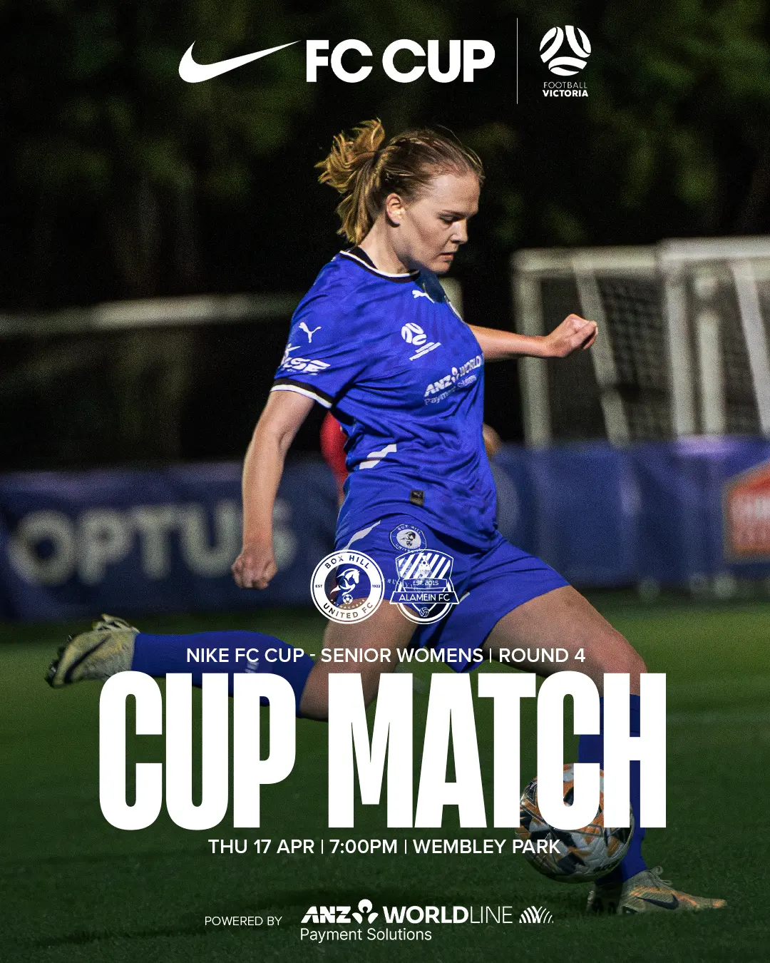 Box Hill United CUP MATCH graphic for the senior women, cup round 1, 2025: a player in blue over the word Cup Match.